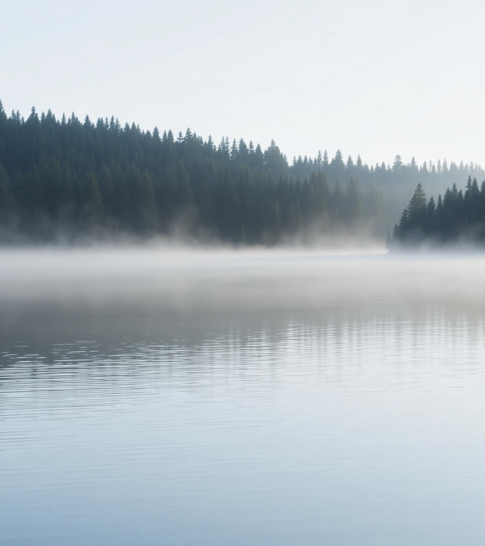 Tyyni pohjoismainen järvi aamuvalossa, kevyt sumu veden yllä